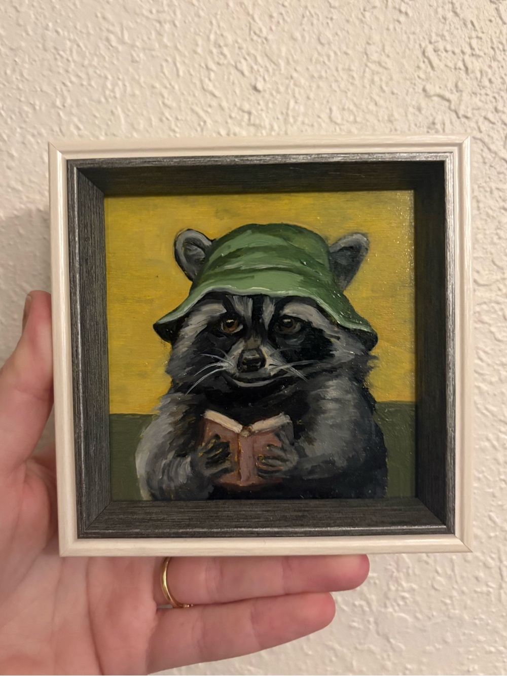 "Exploring Racoon” Original oil painting on wood board mini framed 4x4"